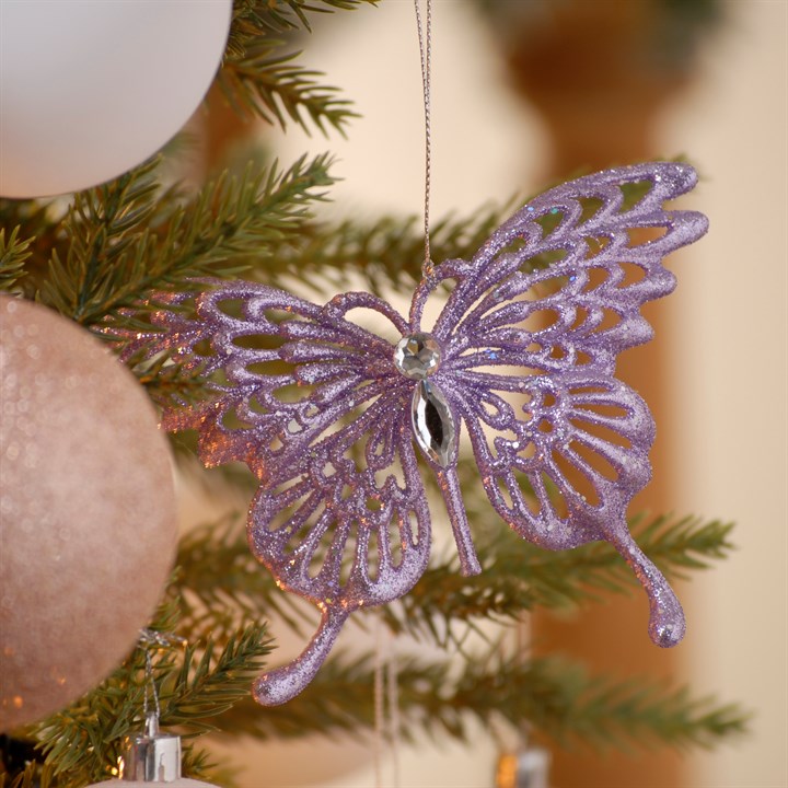 Set of 2 Purple Glitter Butterfly Hanging Decorations