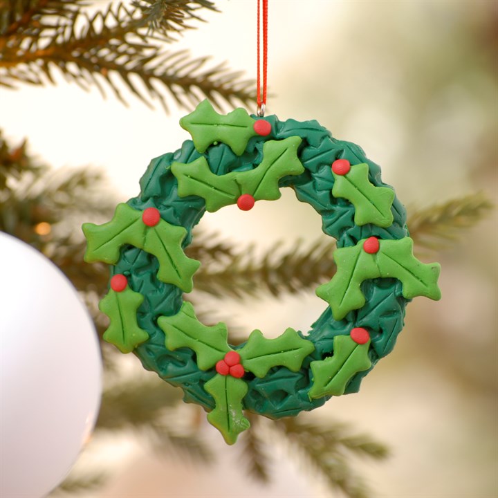 Green Claydough Holly Wreath Christmas Tree Decoration