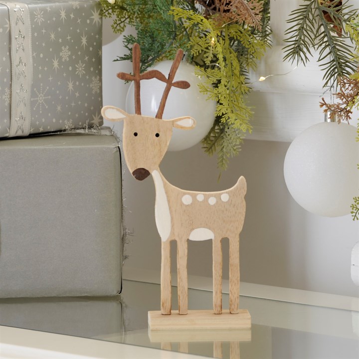21cm Wooden Brown Reindeer Table Decoration