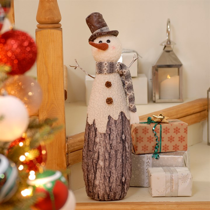 58cm Standing Fabric Snowman with Bark Design and Scarf