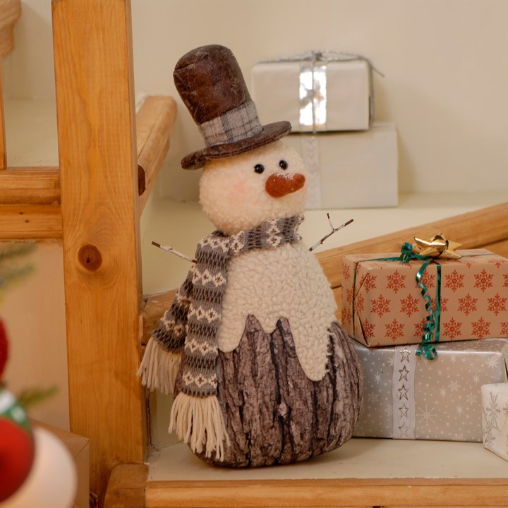 50cm Standing Fabric Snowman with Bark Design and Scarf
