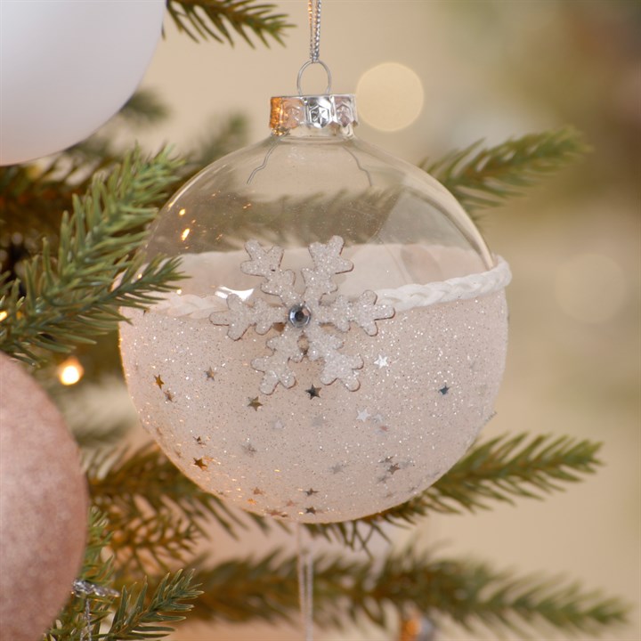 Silver and White Glitter Snowflake Glass Christmas Bauble