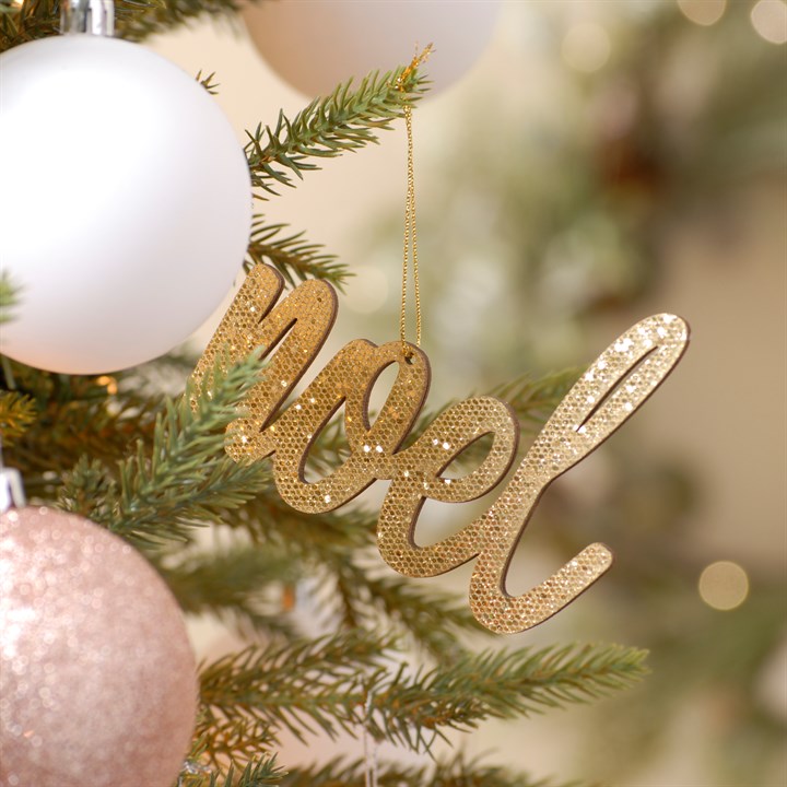 Gold Glitter Laser Cut Noel Hanging Christmas Decoration