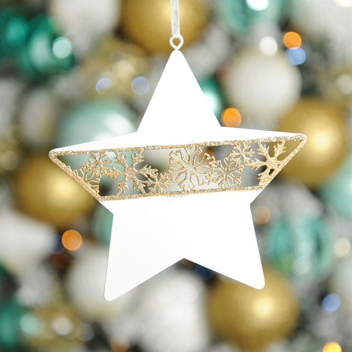 White Metal Star with Gold Snowflake Hanging Decoration