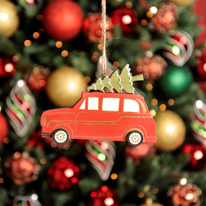 Wooden Car with Christmas Tree on Top Hanging Decoration