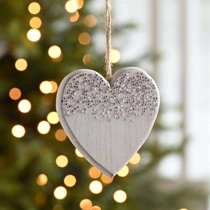 White & Silver Glitter Wooden Heart Hanging Decoration