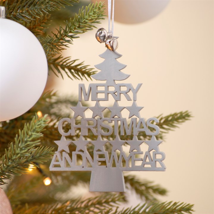 Silver Laser Cut Merry Christmas Hanging Decoration with Bells