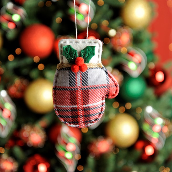 Fabric Tartan Mitten Decoration with Holly Detail