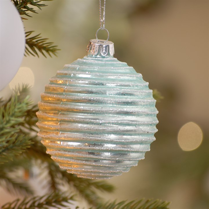Ice Blue Glitter Band Glass Christmas Bauble