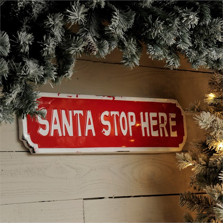 Red 'Santa Stop Here' Metal Christmas Sign