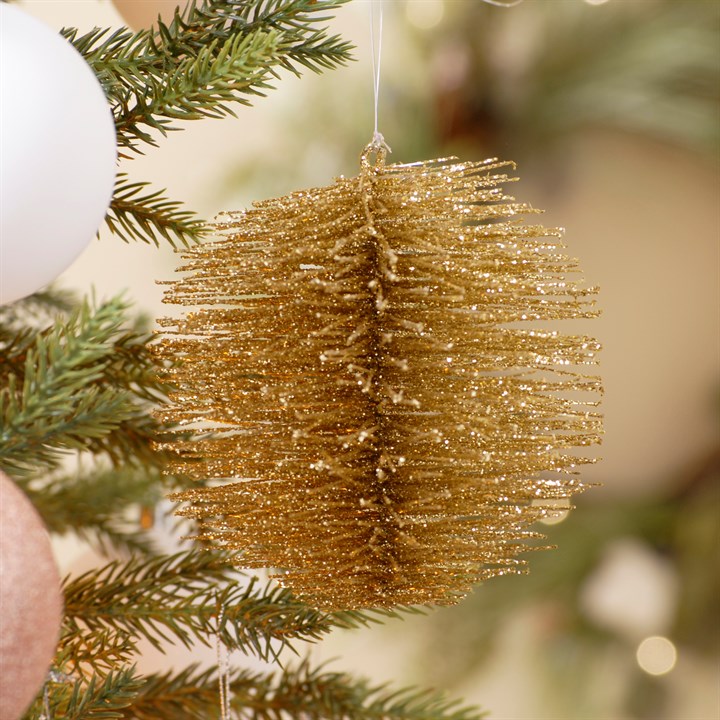 12cm Gold Glitter Bristle Ball Hanging Christmas Decoration