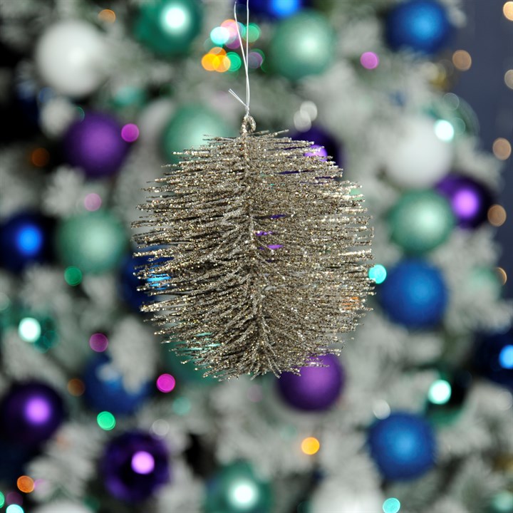 12cm Silver Glitter Bristle Ball Hanging Christmas Decoration
