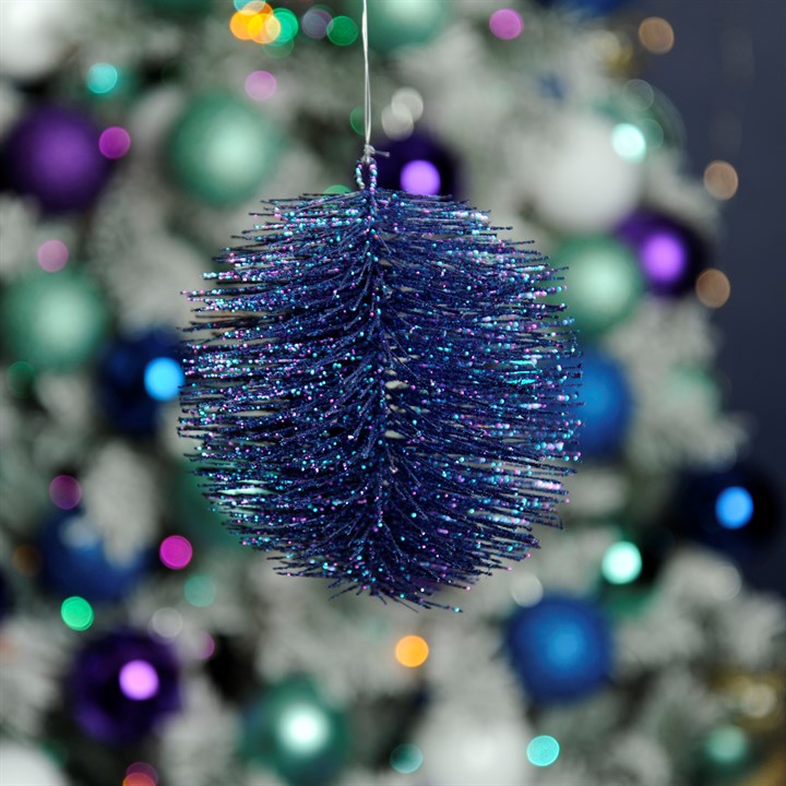 12cm Blue Glitter Bristle Ball Hanging Christmas Decoration