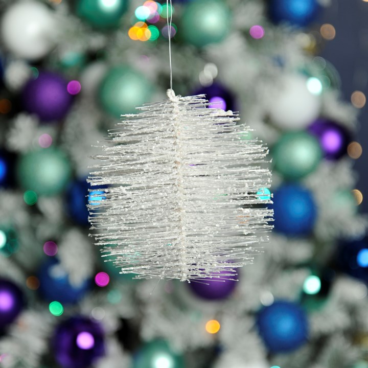 12cm White Glitter Bristle Ball Hanging Christmas Decoration
