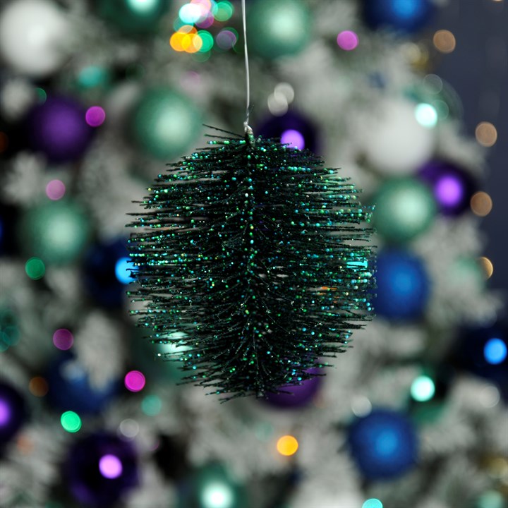 12cm Jade Glitter Bristle Ball Hanging Christmas Decoration