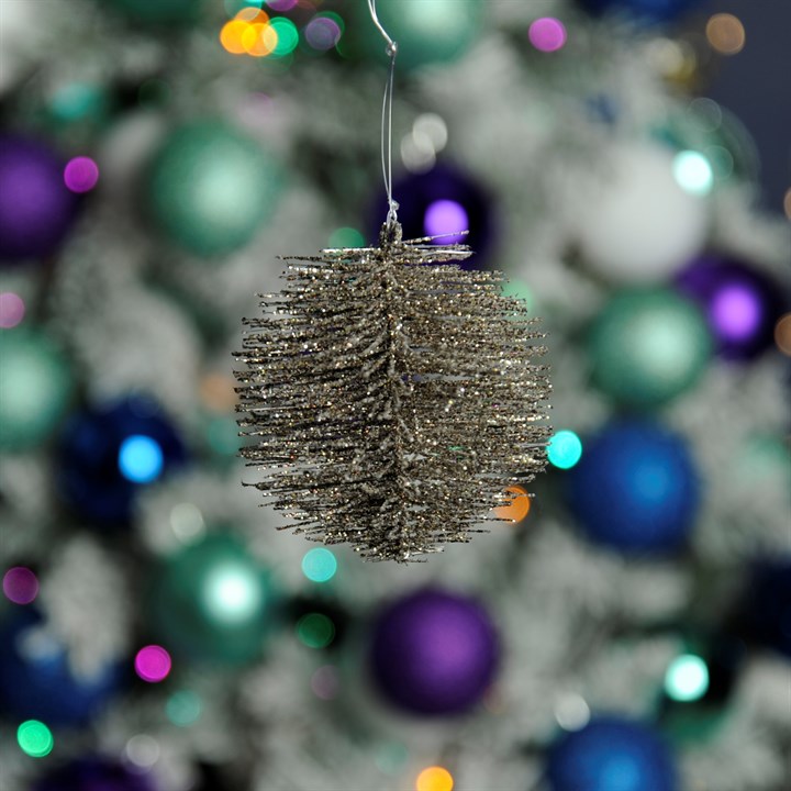Silver Glitter Bristle Ball Hanging Christmas Decoration