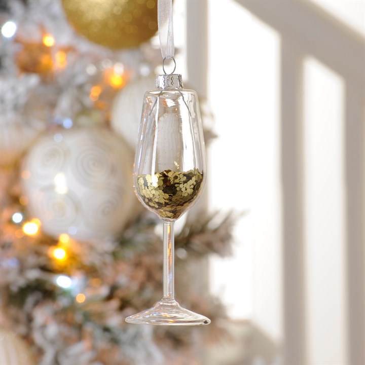 Prosecco Glass with Gold Glitter Hanging Decoration