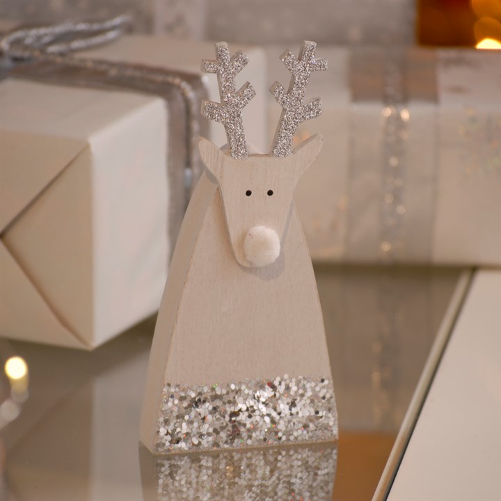 White Wooden Silver and White Reindeer Table Decoration