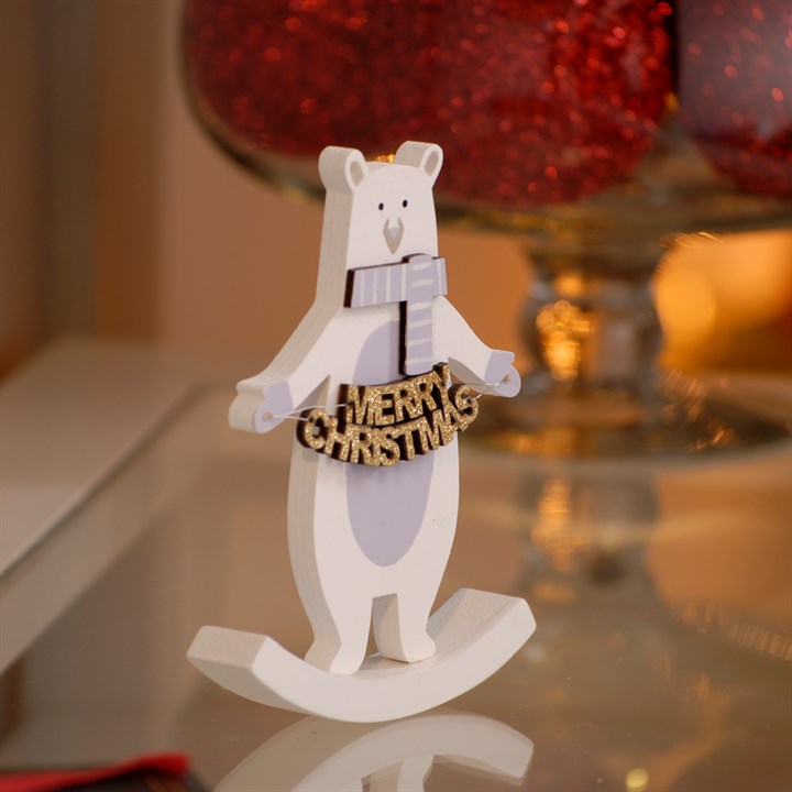 Rocking Lilac Wooden Merry Christmas Bear Decoration