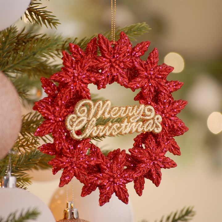 13cm Red Glitter Merry Christmas Wreath Tree Decoration
