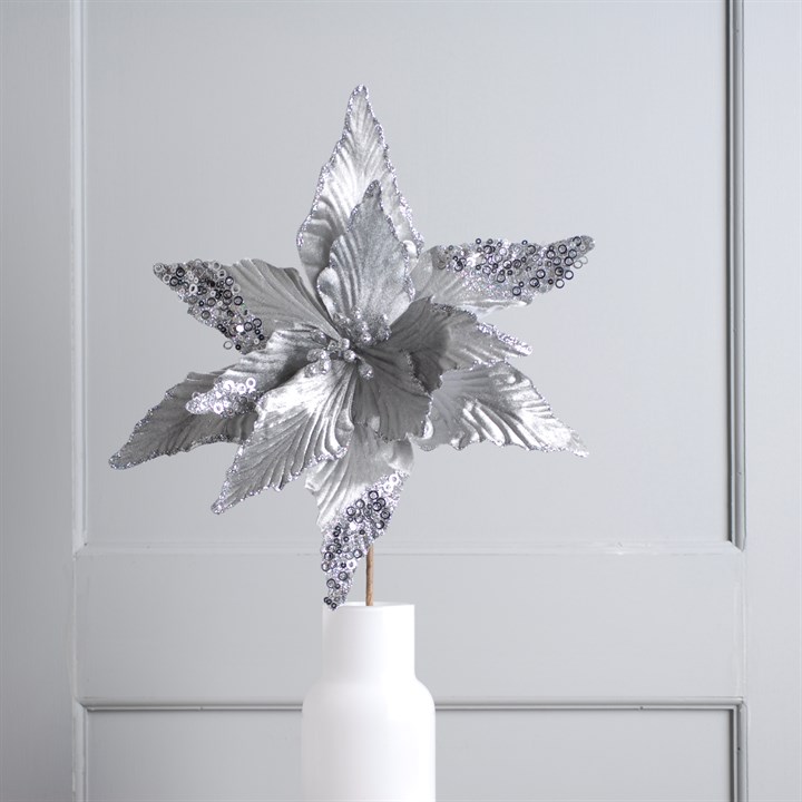 60cm Silver Poinsettia Faux Christmas Flower