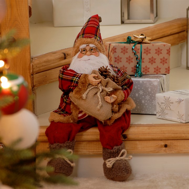 40cm Sitting Santa Claus Figure with Tartan Jacket