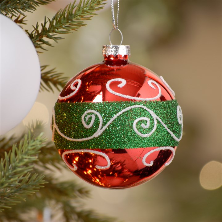 Red and Green Glitter Band Glass Christmas Bauble