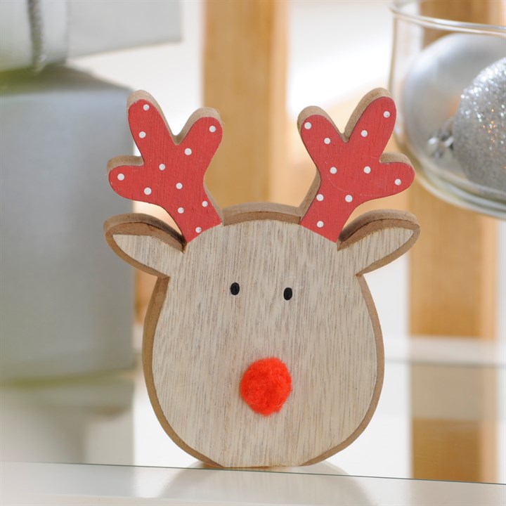 13cm Wooden Reindeer With Pom Pom Nose