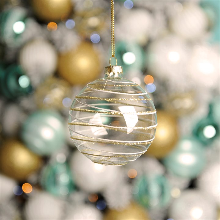 Gold and White Swirl Clear Glass Christmas Tree Bauble