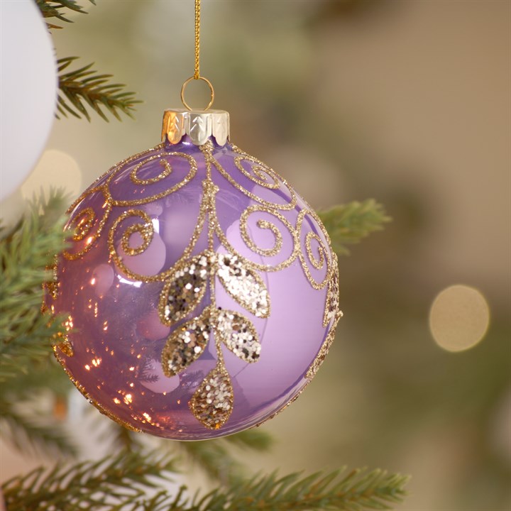 Lilac with Gold Swirl Glass Christmas Tree Bauble