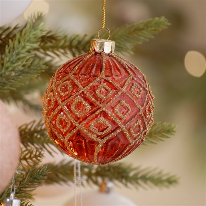 Red With Gold Beaded Diamonds Glass Christmas Tree Bauble