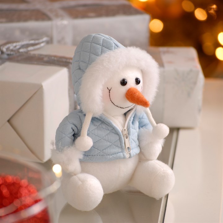 Small Snowman Plush in Blue Coat