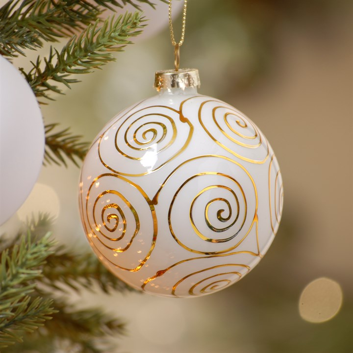 8cm Shiny White with Copper Swirl Glass Christmas Tree Bauble