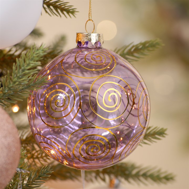 8cm Shiny Lilac with Gold Swirl Glass Christmas Tree Bauble