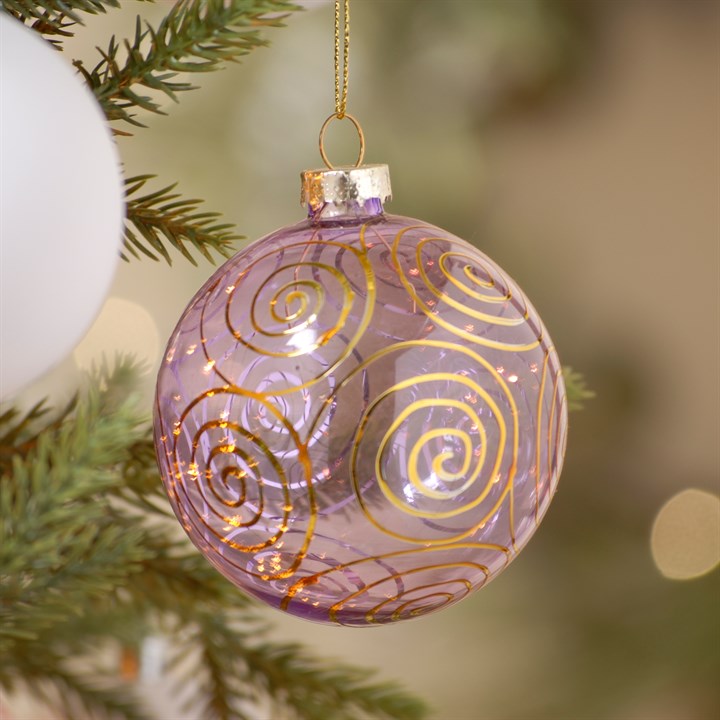 10cm Shiny Lilac with Gold Swirl Glass Christmas Tree Bauble