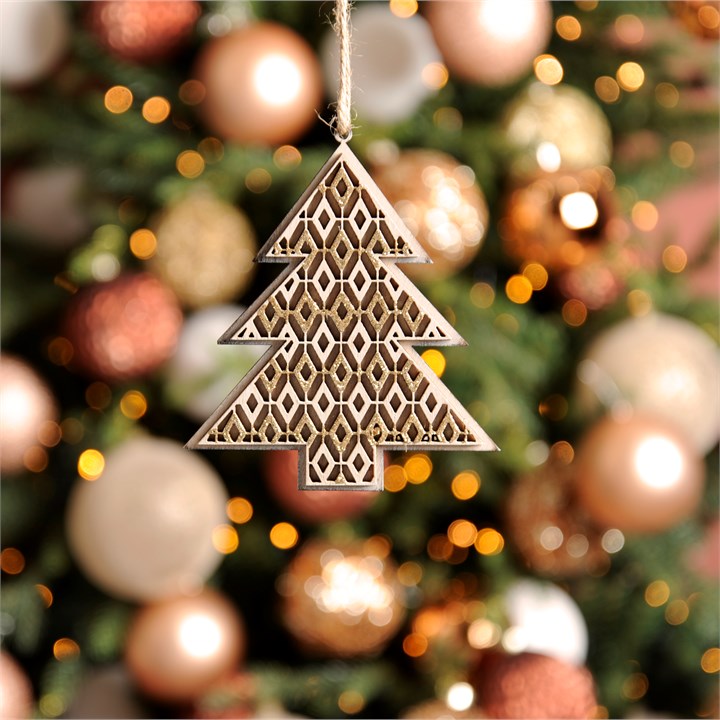 Wooden Flat Tree With White And Gold Geometric Design Christmas Hanging Decoration