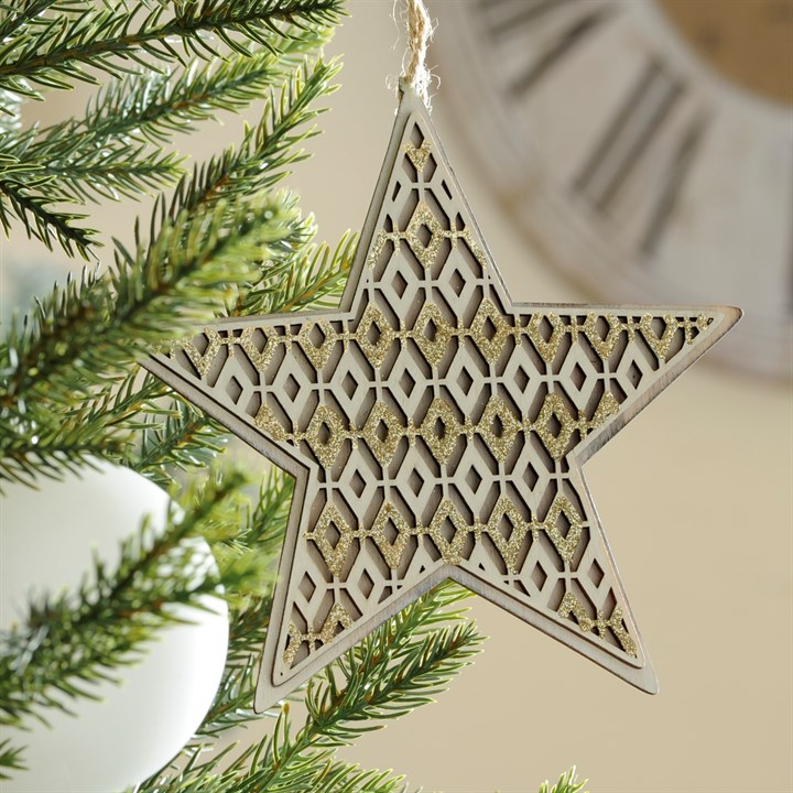 Wooden Flat Star With White And Gold Geometric Design Christmas Hanging Decoration