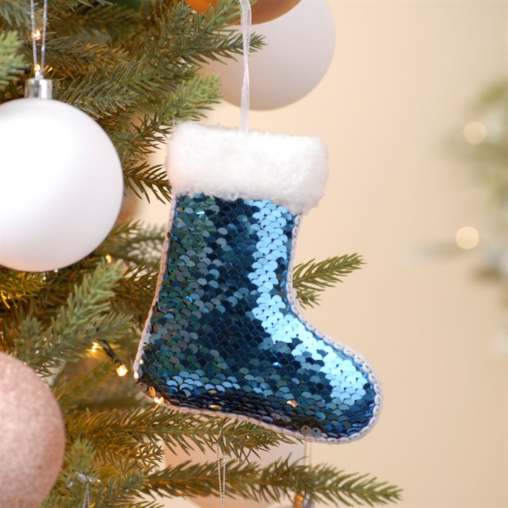 Blue & Silver Sequin Stocking Christmas Tree Hanging Decoration