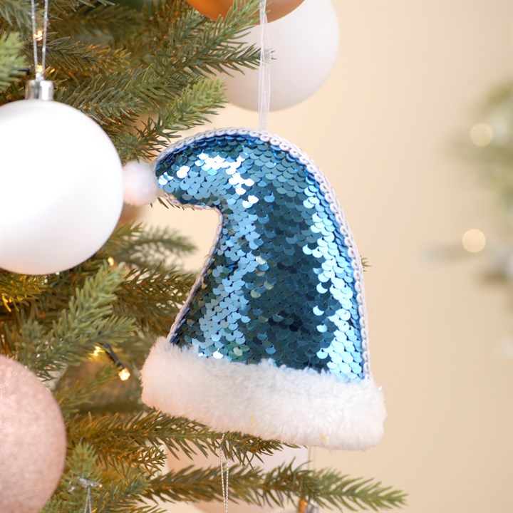 Blue & Silver Sequin Christmas Hat Tree Hanging Decoration