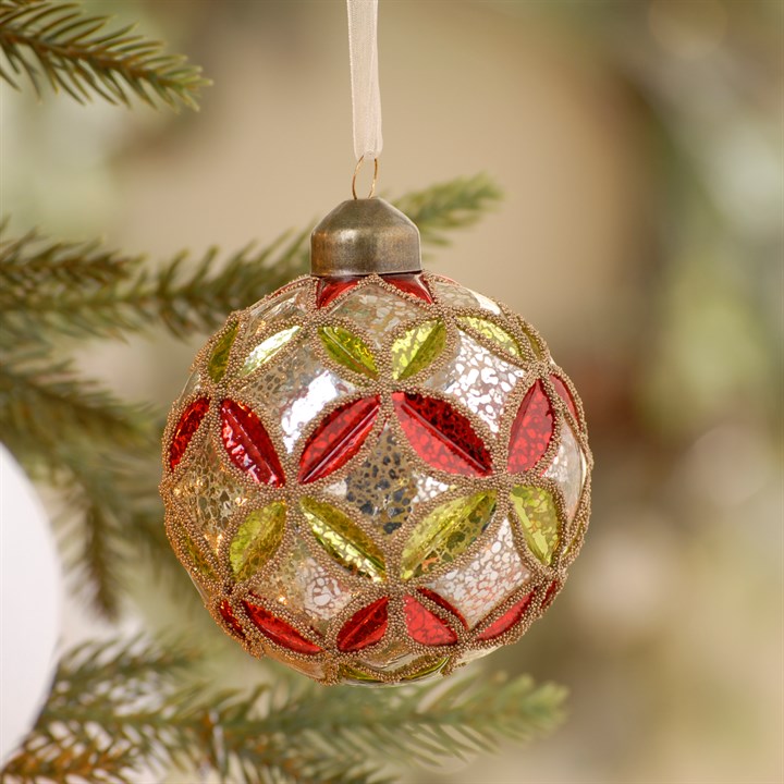 Silver, Red and Green Geometric Glass Christmas Tree Bauble