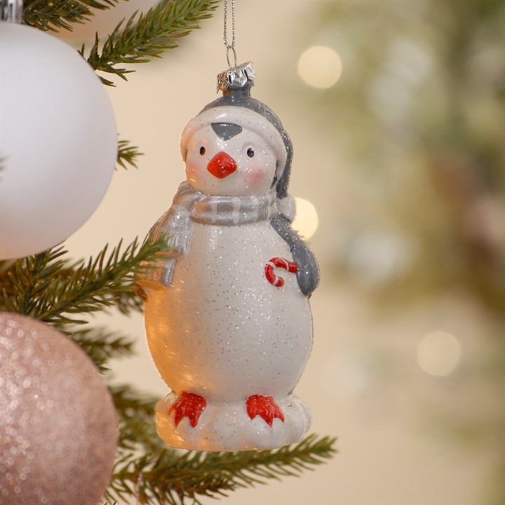 Grey and White Glitter Penguin Hanging Christmas Tree Decoration