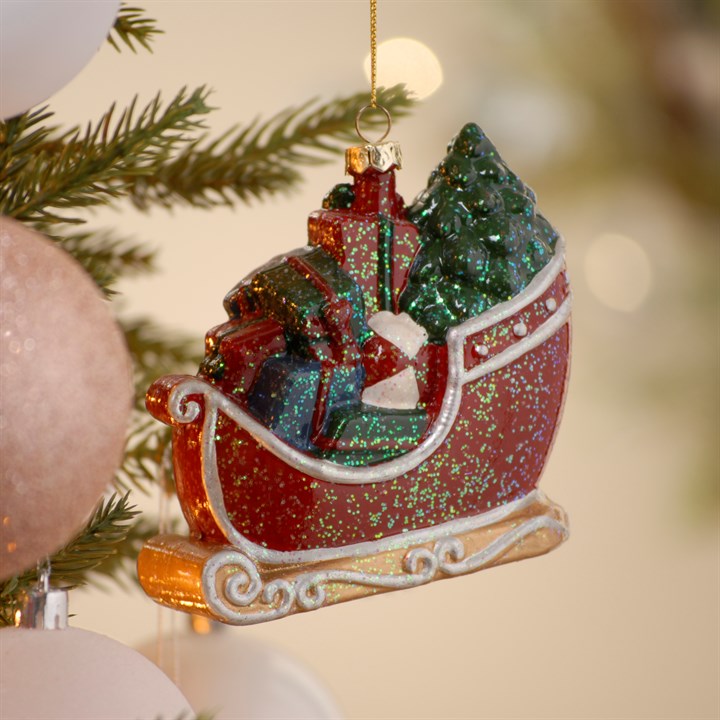 Red and Gold Sleigh with Tree Christmas Hanging Decoration