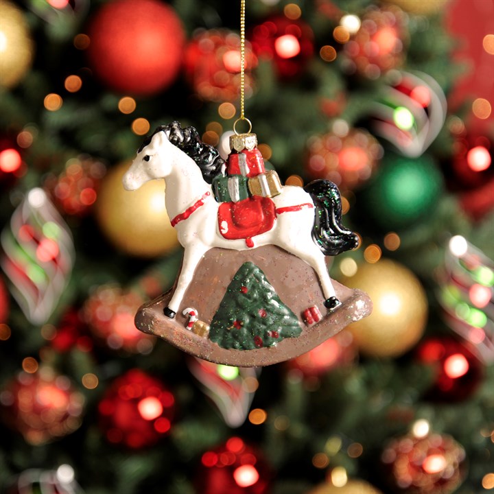 White Frosted Rocking Horse Hanging Christmas Tree Decoration
