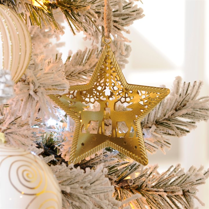 Gold Metal Star with Reindeer Tree Decoration