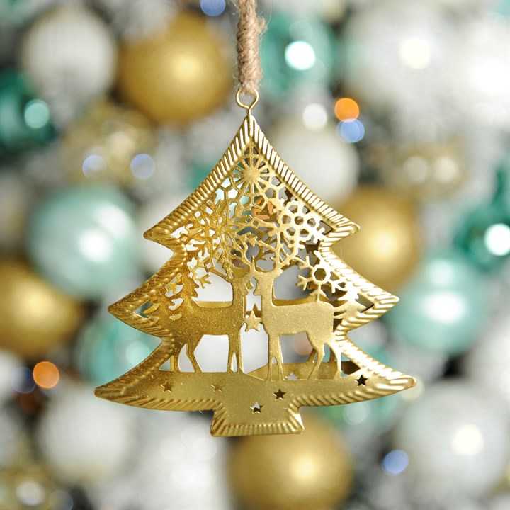 Gold Metal Tree with Laser cut Reindeer Hanging Christmas Tree Decoration