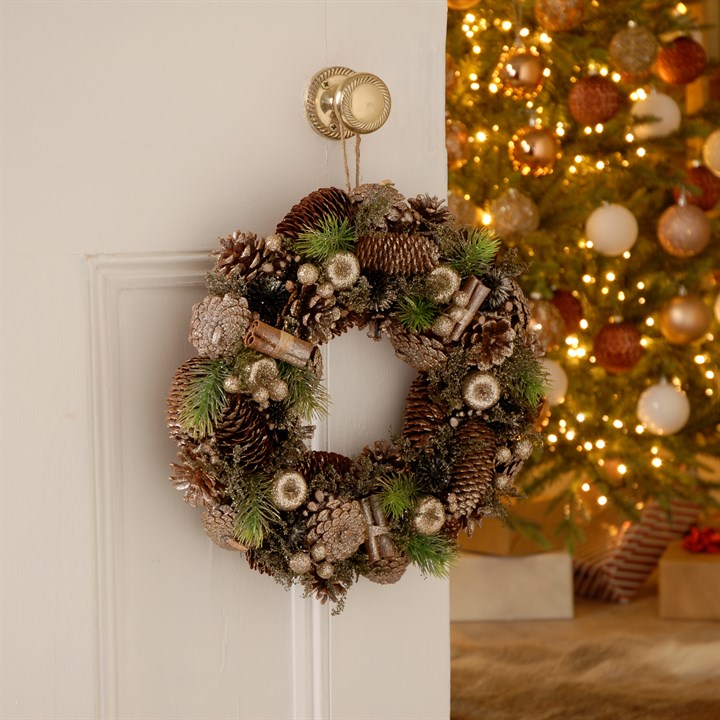 36cm Gold and Silver Bauble, Pinecone and Foliage Wreath