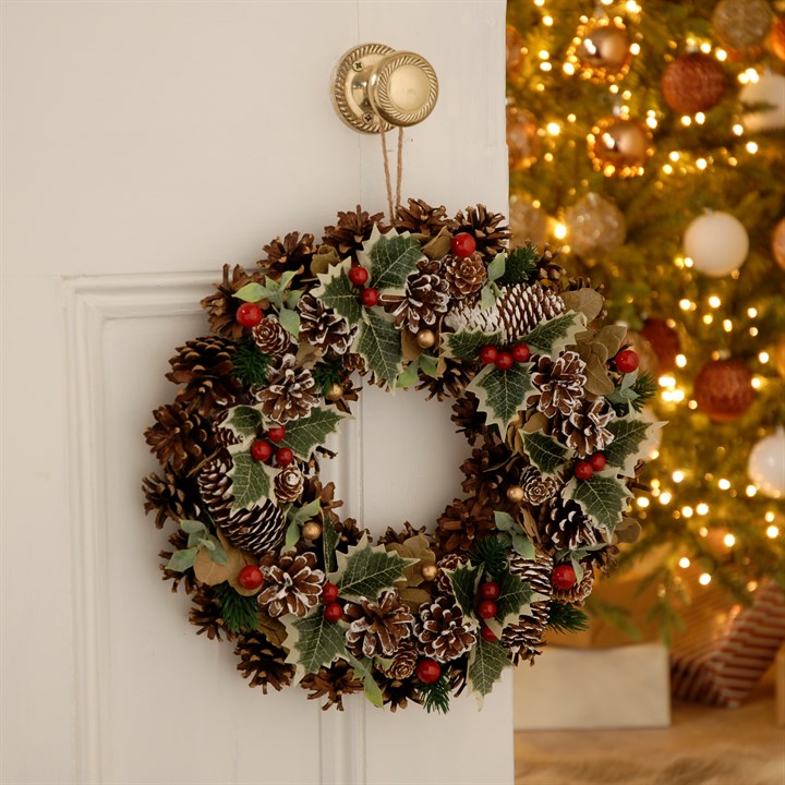 36cm Holly, Pinecone & Red Berry Wreath