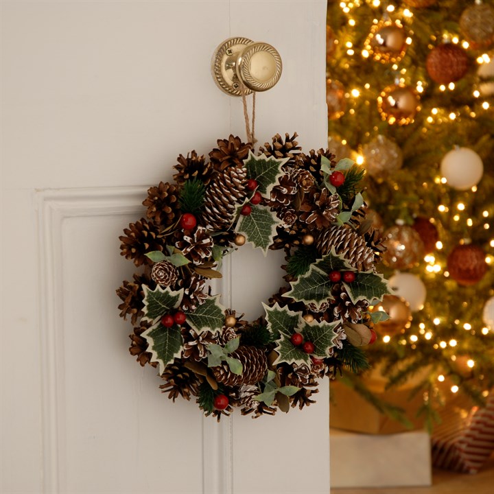 30cm Holly, Pinecone & Red Berry Wreath