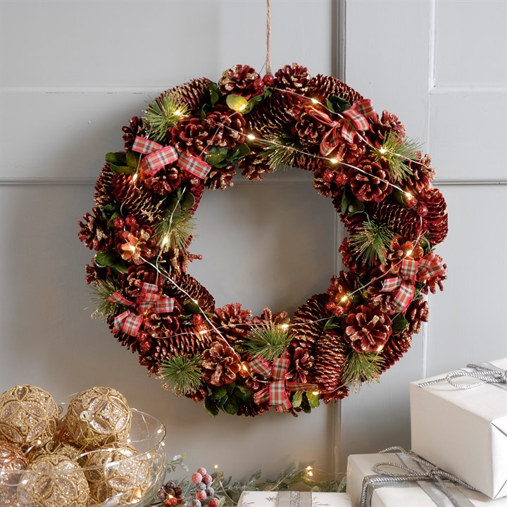 45cm Lit Natural Pinecone Wreath with Tartan Ribbon
