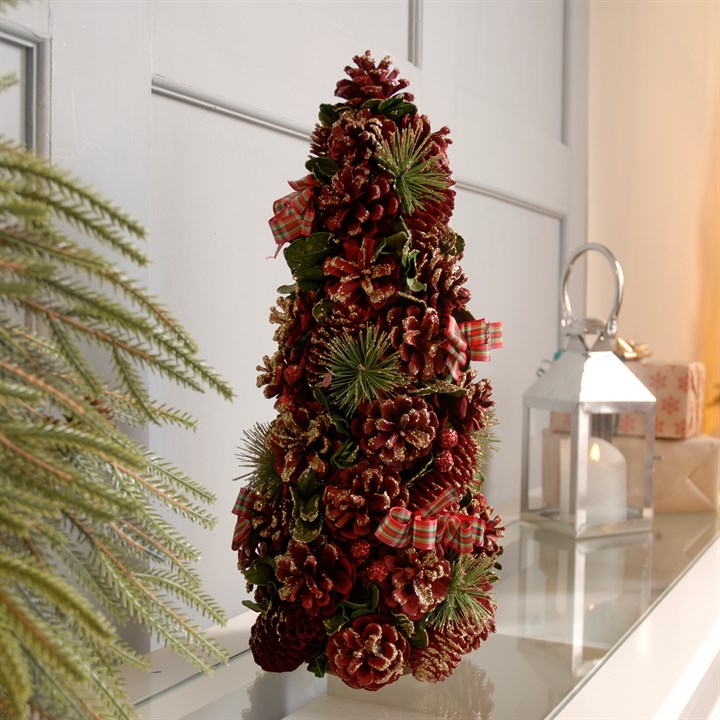Red Tartan, Pinecone and Berries Tabletop Christmas Tree